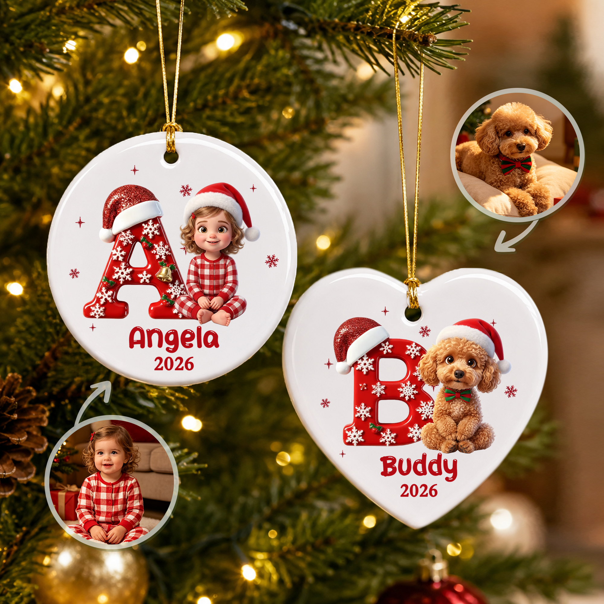 Personalisierte runde Keramik-Weihnachtskugel mit Cartoon-Figur und Herzmotiv sowie dem Namen des Haustiers – Baumschmuck und Weihnachtsgeschenk für die Familie und Tierliebhaber