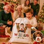 Gepersonaliseerde 3D-stijl kunstwerk cartoon kinderfoto cadeauzak met trekkoord en grote inhoud, met naam, kerstfeestcadeau voor kinderen en vrienden