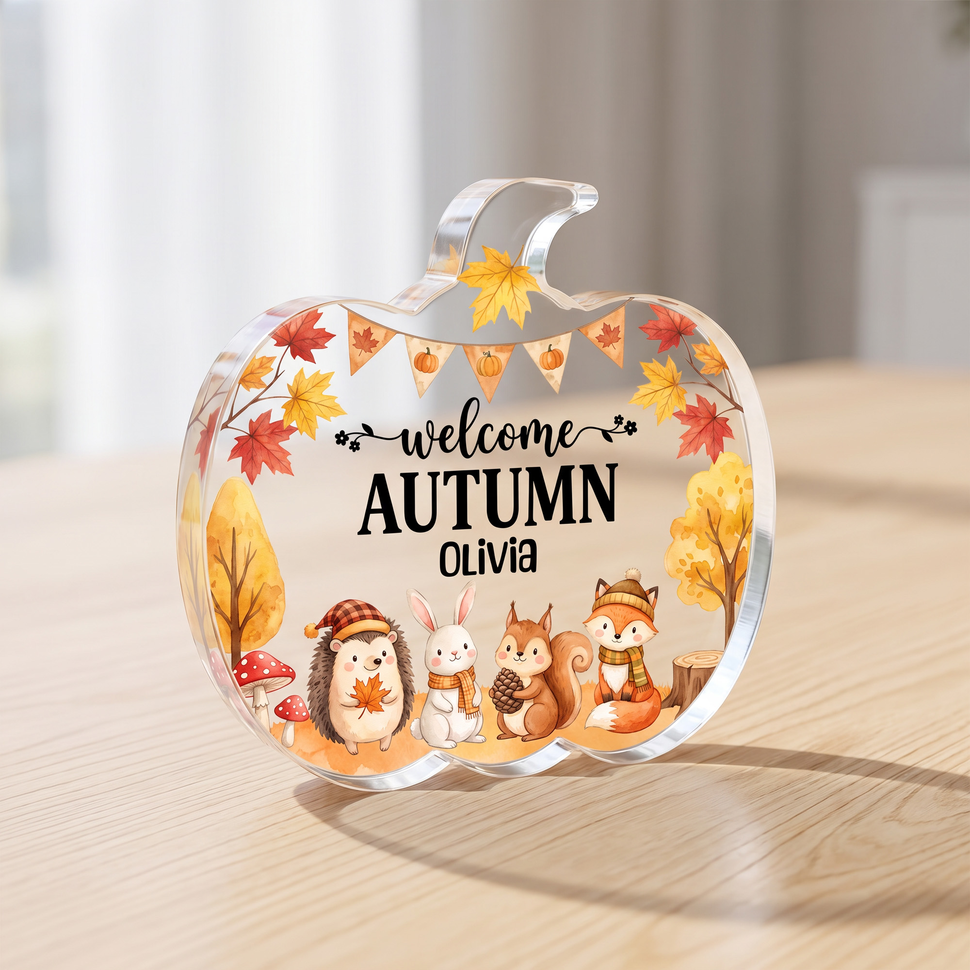 Personalisierte Acrylplakette mit Pilz-, Ahornblatt-, Herbst- und Kürbis-Motiven sowie Tierfiguren – mit Namen – Wohnaccessoire und Thanksgiving-Geschenk für Kinder