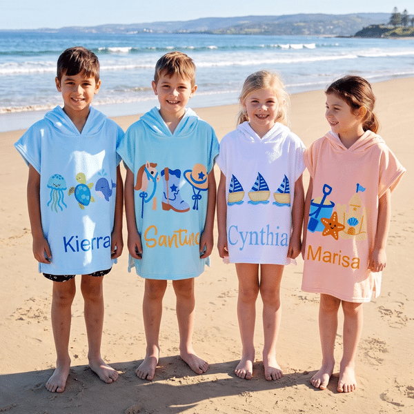 Personalised Cute Seahorse Starfish Jellyfish Sailboat Quick-Dry Soft Hooded Beach Towel with Name Beach Pool Party Birthday Gift for Kids