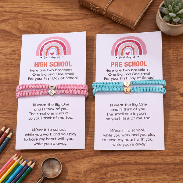 Personalized Heart Initials Adjustable Rope Bracelet Set of 2 with Text and Card Back to School Birthday Gift for Mom Daughter