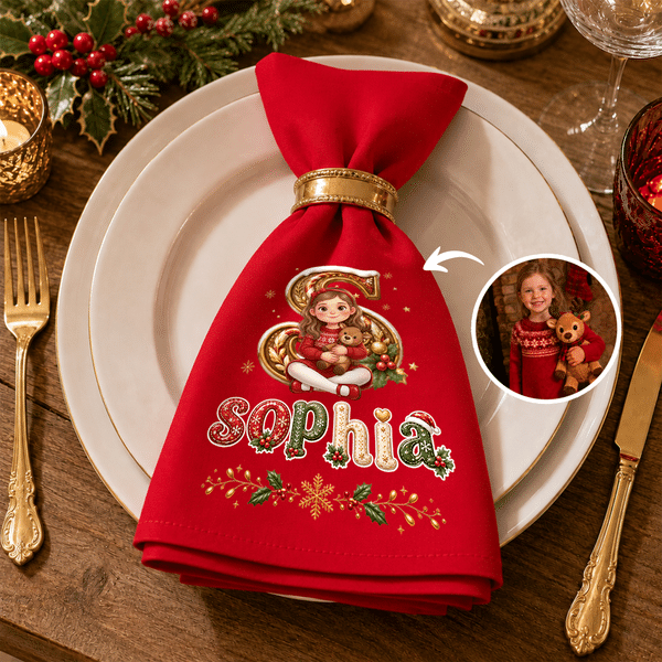 Personalised Photo Christmas Theme Design 100% Cotton Red Table Napkin with Name Table Decor Christmas Gift for Family Friend