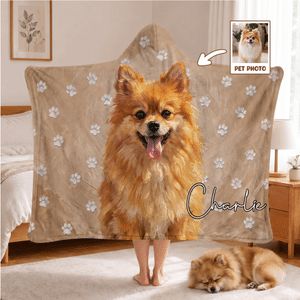 Manta suave con capucha, personalizada con una foto de tu mascota en estilo pintura al óleo y la huella de su pata, con su nombre; ideal como regalo de cumpleaños, Navidad o en memoria de un ser queri