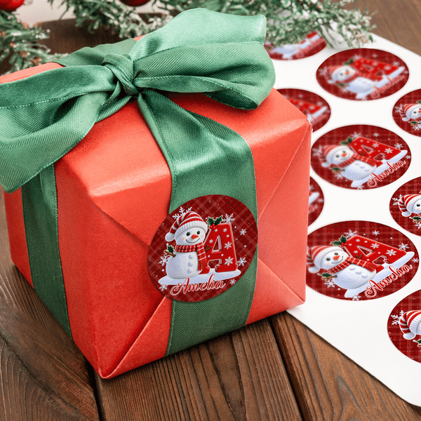 Personalised Cute Snowman Initial Waterproof Stickers with Name Christmas Party Gift for Family Kids