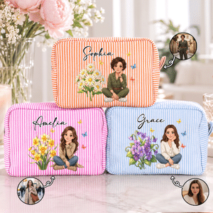 Neceser de maquillaje a rayas con diseño personalizado de personaje en estilo 3D, foto y flor de nacimiento, con nombre; regalo de cumpleaños ideal para mujeres y amigas, imprescindible para el día a 