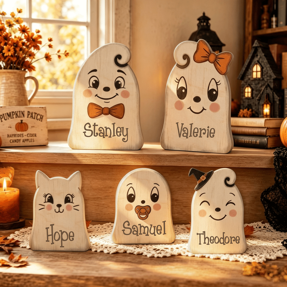 Personalised Cute Ghost Design Wooden Block Ornament with Name Vintage Halloween Indoor Decor Housewarming Gift for Family Friends 9