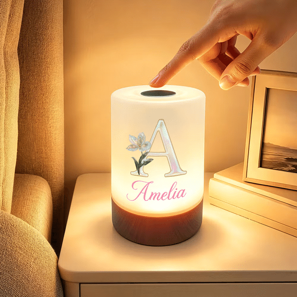 Personalised Birth Flower Pearl Effect Initial Dimmable Touch Control Rechargeable Night Light with Name Birthday Housewarming Gift for Family Friends