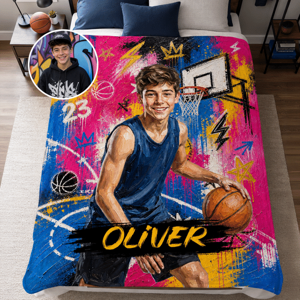 Personalised Graffiti Oil Painting Style Basketball Player Photo Soft Throw Blanket with Name Home Decor Birthday Gift for Basketball Player Lover