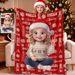 Personalised 3D-Style Art Christmas Cartoon Character Photo Soft Throw Blanket with Name Home Decor Christmas Gift for Kids Friends