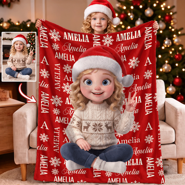 Personalised 3D-Style Art Christmas Cartoon Character Photo Soft Throw Blanket with Name Home Decor Christmas Gift for Kids Friends