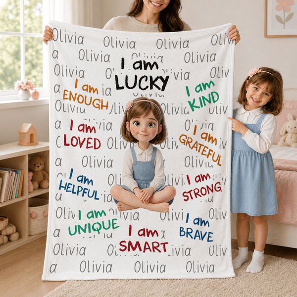 Personalised 3D-Effect Artwork Cartoon Character Photo Soft Throw Blanket with Name Home Decor Encouragement Birthday Gift for Family Kids