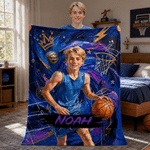 Personalised Graffiti Oil Painting Style Basketball Player Photo Soft Throw Blanket with Name Home Decor Birthday Gift for Basketball Player Lover