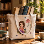 Bolso tote de pana personalizado, con flor de nacimiento, personaje leyendo y nombre - Regalo de cumpleaños para amantes de libros