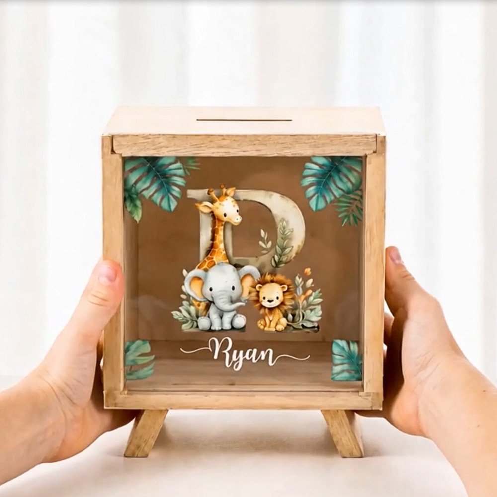 Personalized Cute Cartoon Forest Animals Wooden Money Box Piggy Bank with Name and Initial Back to School Children's Day Birthday Gift for Kids 3