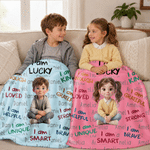 Personalized 3D-Effect Artwork Cartoon Character Photo Soft Throw Blanket with Name Home Decor Encouragement Birthday Gift for Family Kids