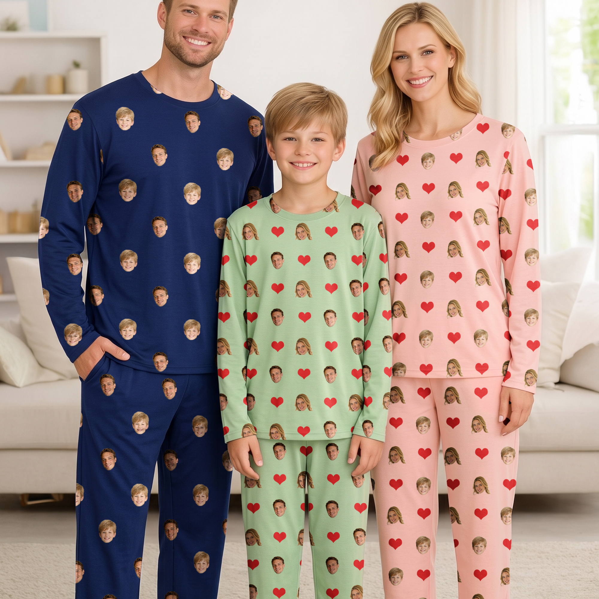 Personalisiertes Pyjama-Set mit Gesicht, Foto, Herzen und Lippen in verschiedenen Farben, weich, mit langen Ärmeln – passendes Set als Weihnachts- oder Geburtstagsgeschenk für Familie, Kinder, Männer