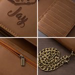 Gepersonaliseerde retro-portemonnee van PU-leer voor heren met schedel- en adelaar-kruispatroon en ketting, met naam – verjaardagscadeau voor vriend, vader of opa