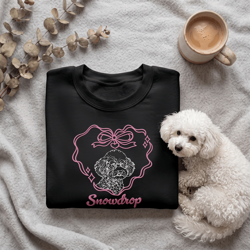 T-shirt, sweat-shirt ou sweat à capuche personnalisé, multicolore, brodé d’une photo de chien ou de chat, avec un portrait, un nœud en forme de cœur et le nom de l’animal ; cadeau d’anniversaire ou en 2