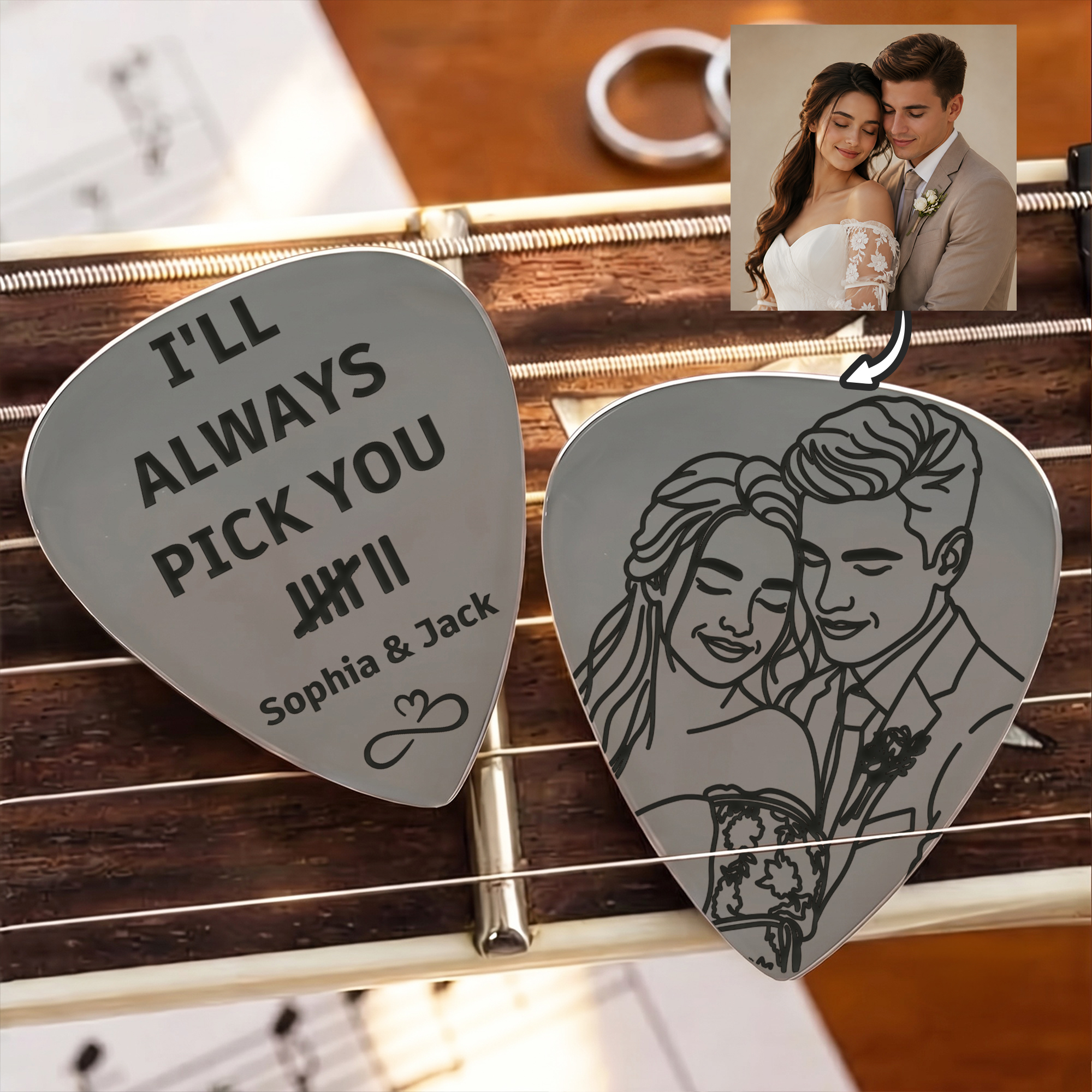Personalisierter „I'll Always Pick You“-Gitarrenpick-Schlüsselanhänger im „Black Line“-Stil mit Namen und Aufbewahrungsbeutel – Geburtstags- und Jubiläumsgeschenk für Gitarristen und Paare