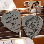 Personalised I'll Always Pick You Black Line Style Photo Guitar Pick Keychain with Name and Pouch Birthday Anniversary Gift for Guitarist Couple