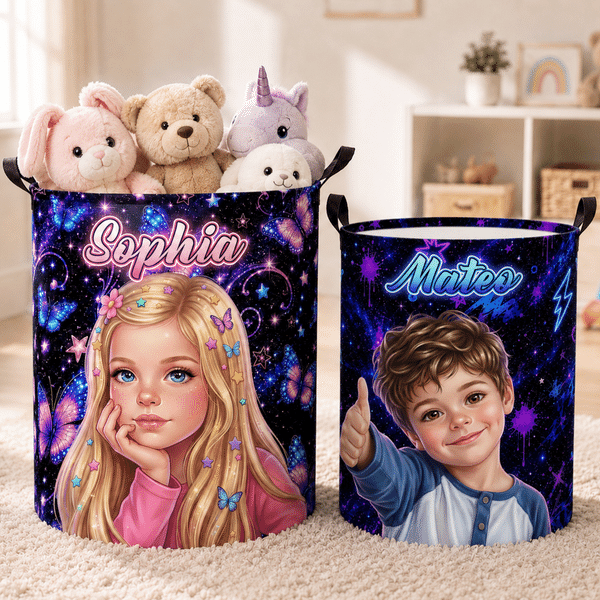 Personalised Shimmering Butterfly 3D-Style Art Photo Large Capacity Storage Laundry Basket with Name and Handles Daily Use Birthday Gift for Kids