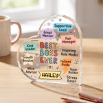 Personalized Best Boss Ever Praise Words Heart-Shaped Acrylic Plaque with Name Office Decor Appreciation Birthday Gift for Boss Team Manager