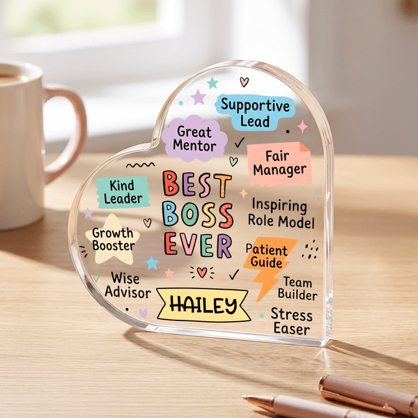 Personalized Best Boss Ever Praise Words Heart-Shaped Acrylic Plaque with Name Office Decor Appreciation Birthday Gift for Boss Team Manager