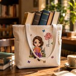 Personalised Cartoon Reading Character Birth Flower Large Capacity Corduroy Tote Bag with Name Travel Essential Birthday Gift for Book Lover Bookworm