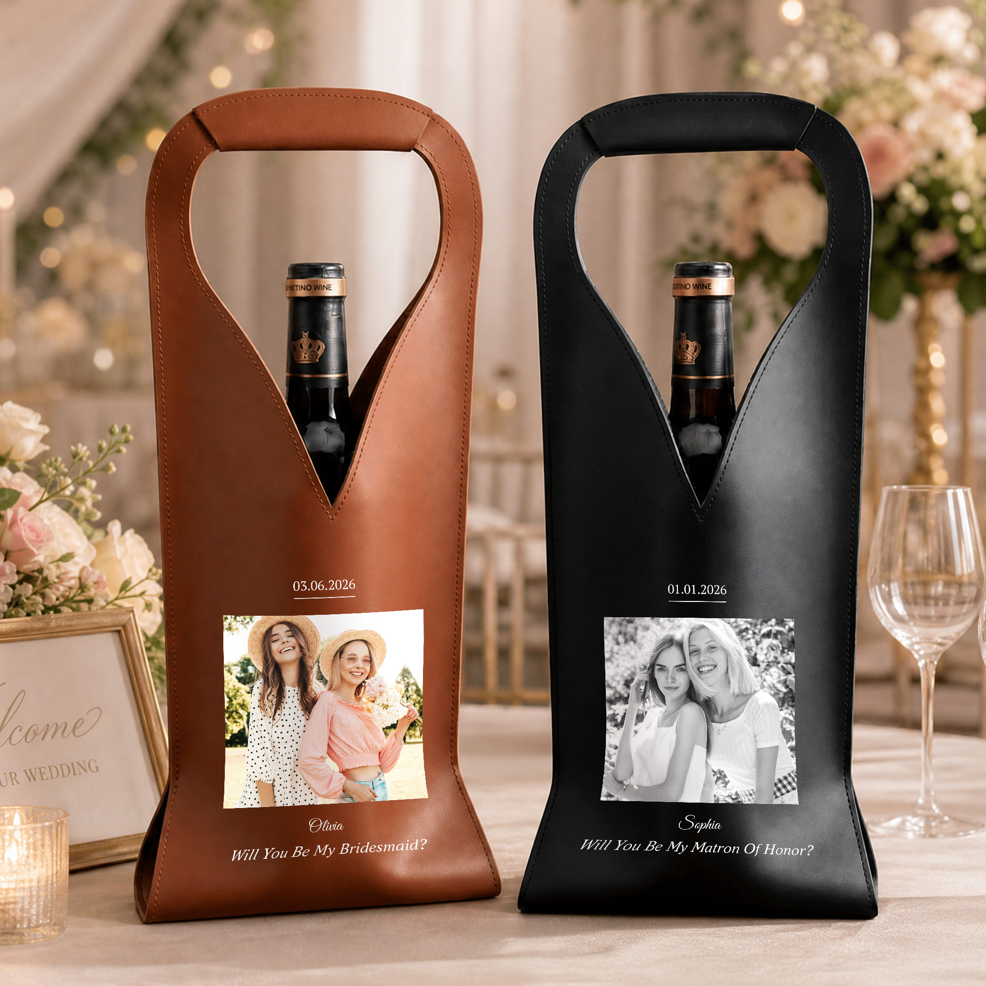 Personalisierte Weintasche aus PU-Leder mit Foto, Namen und Tragegriff – Wein-Accessoires – Geschenk zum Hochzeitstag für Brautjungfern und beste Freundinnen