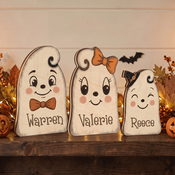 Personalised Cute Ghost Design Wooden Block Ornament with Name Vintage Halloween Indoor Decor Housewarming Gift for Family Friends