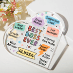 Personalized Best Boss Ever Praise Words Heart-Shaped Acrylic Plaque with Name Office Decor Appreciation Birthday Gift for Boss Team Manager