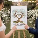 Impression sur toile personnalisée avec nom et date - Arbre à empreintes - Cadeau mariage pour jeunes mariés