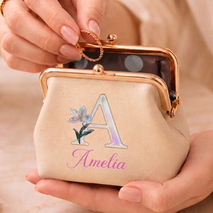 Personalised Pearl Effect Birth Flower PU Leather Coin Purse with Kiss Lock and Name Daily Use Birthday Gift for Friends Moms Girlfriends