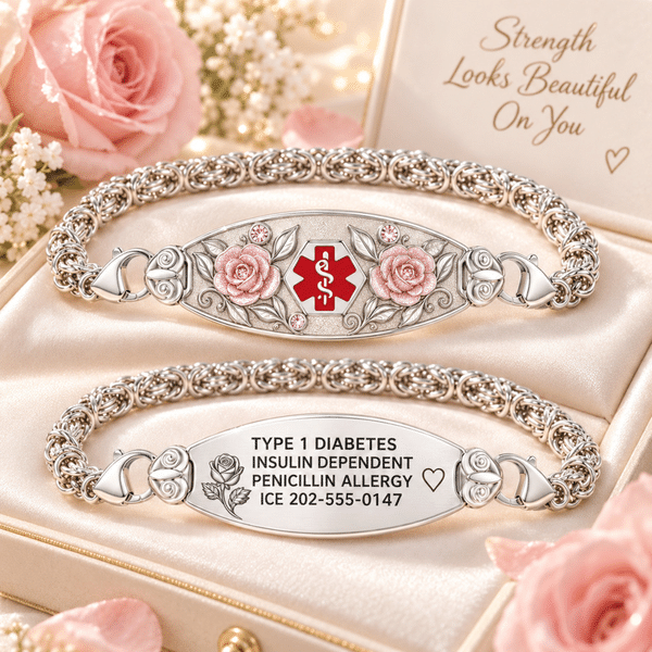 Personalized Engraved Medical Alert Bracelet with Text, Rose Birthstone Medical ID Bracelet, Byzantine Chain, Birthday Gift for Mom/Grandma/Women