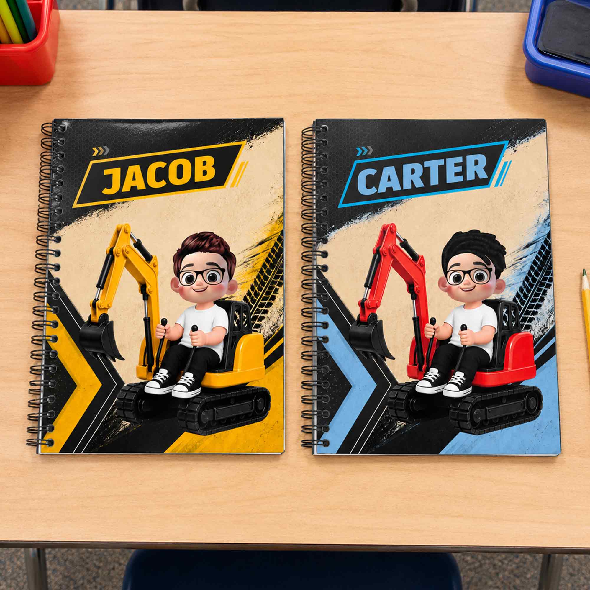 Personalisiertes A5-Notizbuch im Spiralbindung mit Bagger-Cartoon-Figur und Namensaufdruck – für den täglichen Gebrauch, als Geschenk zum Schulanfang oder zum Geburtstag für Jungen und Mädchen