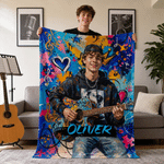 Personalized Oil Painting Guitar Player Portrait Soft Throw Blanket with Name and Photo Home Decor Birthday Gift for Guitar Players Music Lovers