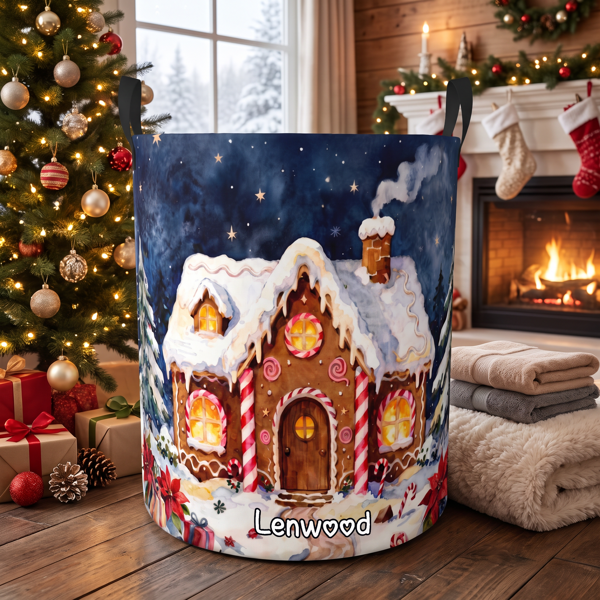 Personalisierter Weihnachts-Lebkuchenhaus-Wäschekorb mit großem Fassungsvermögen und Namensaufdruck – Raumdekoration und Weihnachtsgeschenk für Kinder