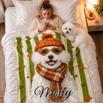 Spersonalizowany, jesienny koc z nadrukiem kreskówkowym przedstawiającym zwierzęta domowe na tle liścia klonu – miękki koc z imieniem, element wystroju wnętrz, prezent urodzinowy dla miłośników zwierz