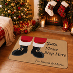 Personalised Santa Boots Please Stop Here Non-Slip Flannel Doormat with Text Christmas Winter Holiday Gift for Family Friends