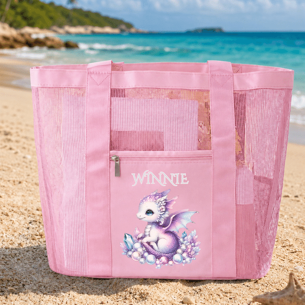 Personalized Birthstone Dragon Mesh Beach Tote Bag with Name Summer Vacation Swimming Pool Birthday Gift for Kids