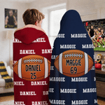 Personalised Multicolour American American Football Pattern Soft Hooded Blanket with Name and Number Game Day Birthday Gift for Kids Family Friends