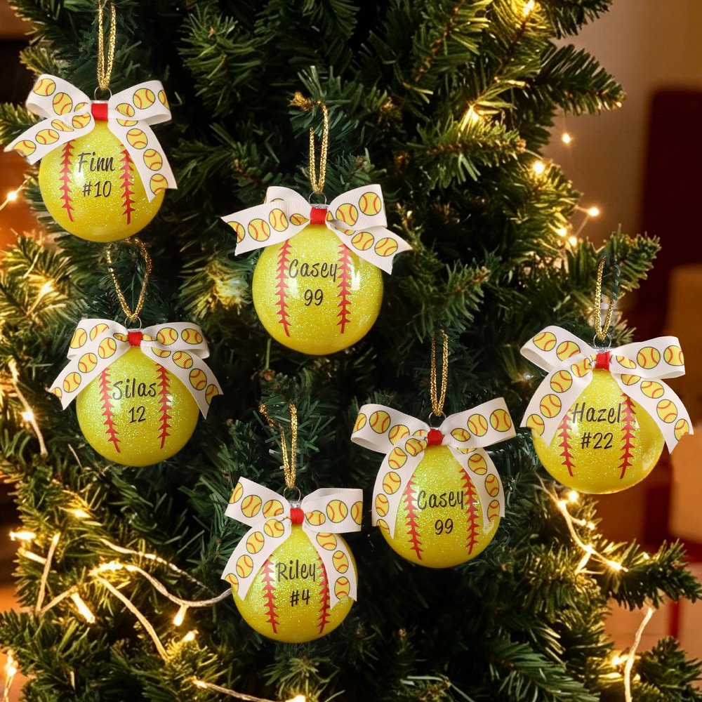 Personalised Softball Bow Ornament with Name and Number Home Tree Decor Sports Team Christmas Gift for Softball Players Lovers 2