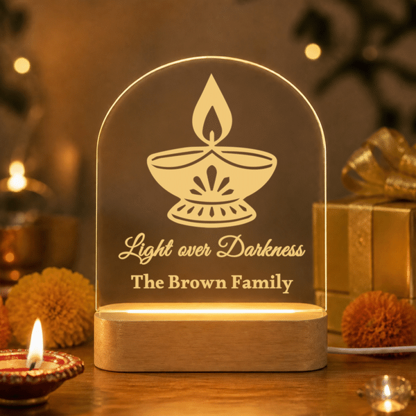 Personalized Happy Diwali Diya Calendula LED Acrylic Night Light with Text Family Name and Wooden Base Home Decor Religious Gift for Family Friends