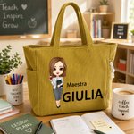 Borsa tote personalizzata in velluto a coste con personaggio animato, scritta e materia - Regalo di fine anno e compleanno per maestre e insegnanti