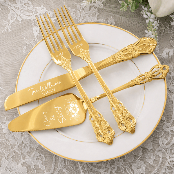 Personalized Retro Stainless Steel Cake Forks Knife Server Cutting Set with Name and Date Wedding Anniversary Gift for Bride Groom
