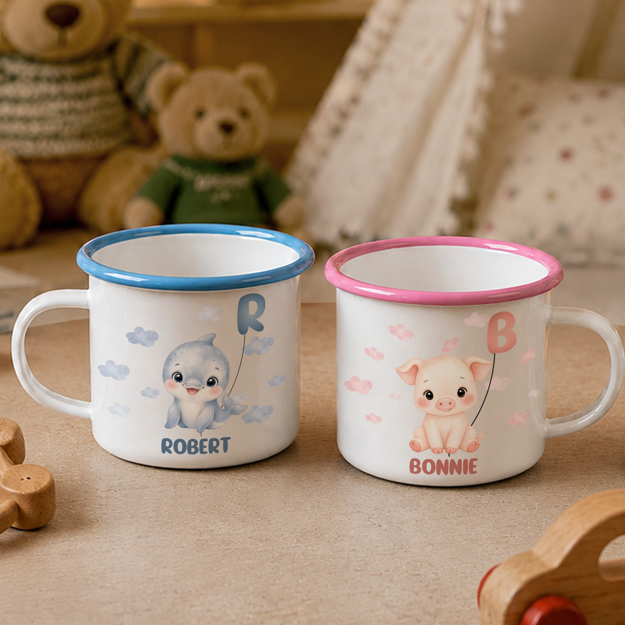 Personalisierte, niedliche Emaille-Tasse mit Tiermotiven, Wolken, Sternen und Mond (12 oz) – mit Initiale und Namen – für den täglichen Gebrauch, als Geburtstagsgeschenk für Kinder