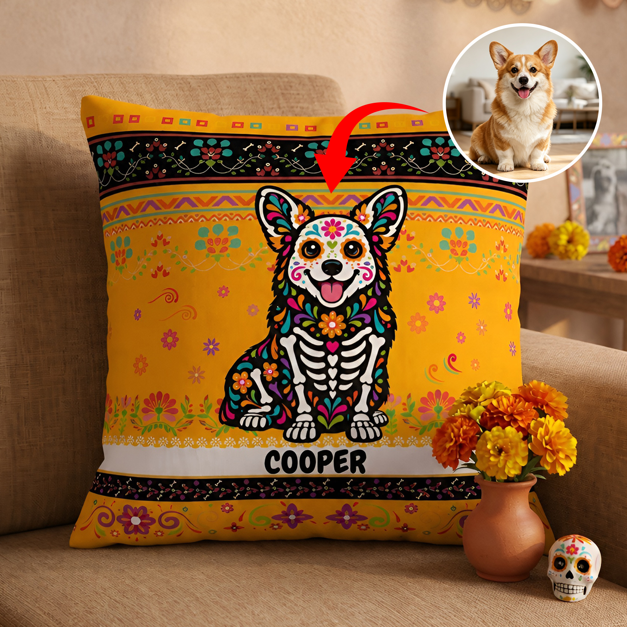 Individuell gestaltetes Kissen mit Sugar-Skull-Motiv und Ringelblumen sowie Foto und Namen – Wohnaccessoire zum Gedenken an ein verstorbenes Haustier, Gedenktag der Toten, Geschenk für Haustierbesitze