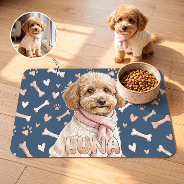 Personalized Watercolor Pet Photo Waterproof PU Leather Pet Feeding Mat with Name Birthday Christmas Gift for Dog Cat Owners