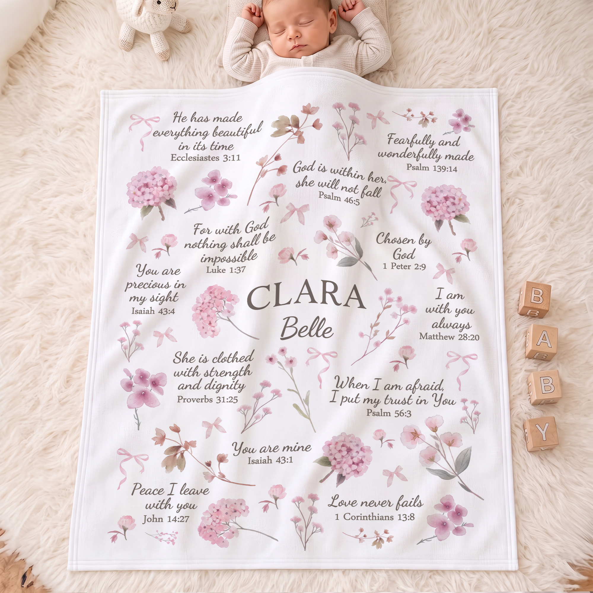 Personalisierte, weiche Kuscheldecke mit Wildblumen-Bibelversen und Namen – Deko für das Kinderzimmer, christliches Geburtstagsgeschenk für ein neugeborenes Mädchen