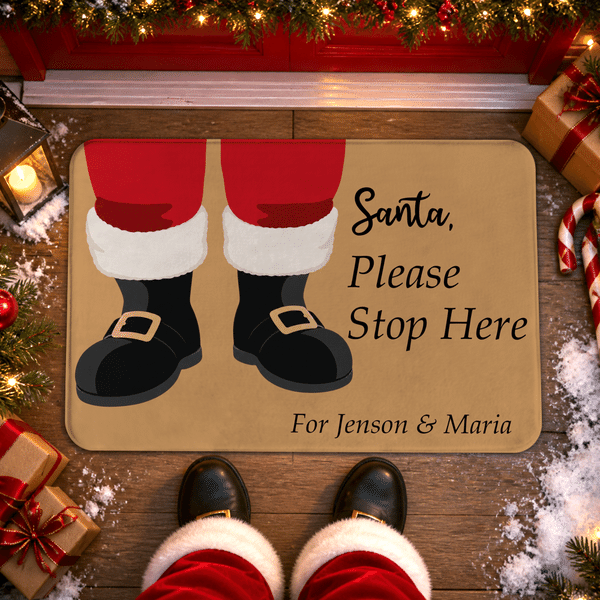 Personalised Santa Boots Please Stop Here Non-Slip Flannel Doormat with Text Christmas Winter Holiday Gift for Family Friends